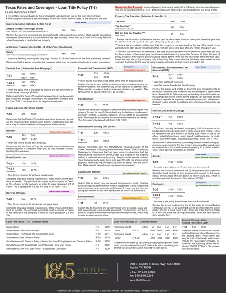 1845 Texas Rates and Coverages Loan Title Policy